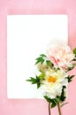 Pink and white peony flowers decorated border on modern pink textured background