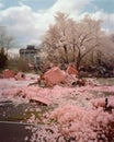 Pink and white petals of the trees in bloom dance through the air while the remnants of broken tanks stand in the
