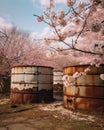 Pink and white petals from the trees in full bloom give the stark background of rusted tanks a sense of serenity