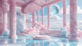 A pink and white room with pillars, stairs and a full moon, AI