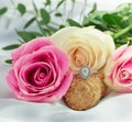 Pink and White Roses, with Cork and Diamond Engagement Ring