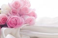 Pink and white roses laying in silk with backlight Royalty Free Stock Photo