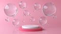 Pink and white round stage, pedestal or podium and water and glass bubbles or spheres in pink studio. Pink pastel background