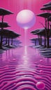 Retrowave-inspired Painting: Pink And Black Sunrise Over A Dark Scene