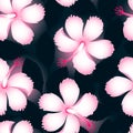 Pink and white tropical flowers on dark leaves seamless pattern