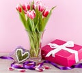 Pink and white tulips present ribbon easter birthday