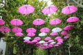 Pink and white umbrellas decorate streets in Bellaria Igea Marina