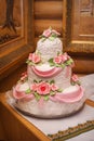 Pink and White Wedding Cake with Roses Royalty Free Stock Photo