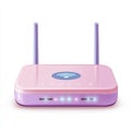 A pink wifi router with purple antennas.