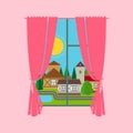 Pink window curtain with city landscape