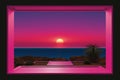 a pink window with a view of the ocean and sunset