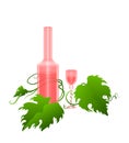 Pink wine bottle and wineglass among grape leaves Royalty Free Stock Photo