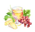 Pink wine glass, vine leaves, cheese and grape berries. Watercolor Royalty Free Stock Photo