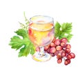 Pink wine glass with vine leaves, grape berries. Watercolor