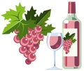 Pink wine with grapes, bottle and glass