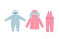 Pink winter coat and overalls for children. Blue baby snow suit. Warm clothes elements. Doodle style.