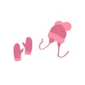 Pink winter hat and mittens for children. Baby winter clothes accessories. Knit wool hat with pompoms. Doodle style. Royalty Free Stock Photo