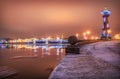 Pink winter New Year`s morning on the Strelka of Vasilyevsky Island