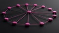 A pink wireframe structure with a central hub and eight smaller circles connected by pink wires. Royalty Free Stock Photo