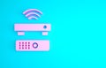 Pink Wireless multimedia and TV box receiver and player with remote controller icon isolated on blue background Royalty Free Stock Photo
