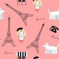 Pink woman paris retro doodle seamless pattern Royalty Free Stock Photo