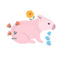 Pink wombat with flowers cartoon vector illustration