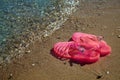 Pink Women`s JELLY SANDALS on a sea shore. LADIES FLAT JELLIES SUMMER BEACH SHOES.