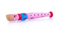 Pink wooden flute isolated on white background with shadow reflection, clipping path, vector path. Colorful recorder for kids. Royalty Free Stock Photo