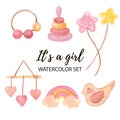 Pink wooden girl's toys. Watercolor illustration