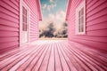 Pink wooden room with open door to nature landscape on the background.