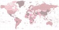 Pink world map with names of countries and their capitals Royalty Free Stock Photo