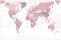 Pink world map with names of countries and their capitals Royalty Free Stock Photo