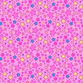 Pink, yellow and blue stars in a seamless festive pattern