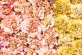 Pink and yellow carnation flowers background. Red and pink flowers. Top view Royalty Free Stock Photo