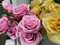 Pink yellow color Rose handmade Artificial bouquet flowers decoration ornamental background vintage for greeting card celebration Royalty Free Stock Photo