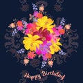 Pink, yellow, crimson and orange cosmos flowers on stylized dark paisley background. Happy birthday greeting card.