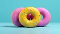 Pink, yellow donut banner. Closeup sweet donuts dessert decorated with colorful sprinkles isolated on blue color background.