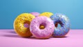 Pink, yellow donut banner. Closeup sweet donuts dessert decorated with colorful sprinkles isolated on blue color background.