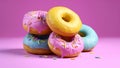 Pink, yellow donut banner. Closeup sweet donuts dessert decorated with colorful sprinkles isolated on pink color background.