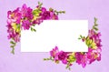 Pink and yellow freesia flowers in a corners arrangements with white card on lilac paper