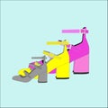 Pink, yellow, grey shoes illustration.