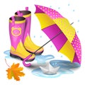 Pink-yellow gumboots, childrens umbrella,falling maple leaves