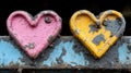 Pink and Yellow Metal Hearts on Rusty Surface Royalty Free Stock Photo