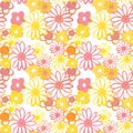 Pink, yellow and orange floral seamless pattern. Bohemian vintage pattern in 60s and 70s style. Flower power