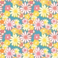 Pink, yellow and orange floral seamless pattern. Trendy bohemian vintage pattern in 60s and 70s style. Flower power