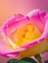 Pink-yellow rose with green leaves There are water droplets on the petals Royalty Free Stock Photo