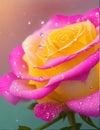 Pink-yellow rose with green leaves There are water droplets on the petals Royalty Free Stock Photo