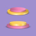 Pink and yellow round multi-angle pedestal empty isolated on purple background.