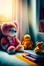 Pink and yellow Three teddy bears sitting on the bed in the room on sunny day wiht background blur. Generative AI