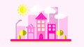 Pink with yellow urban landscape in a flat style. The city with houses with sloping roof and various beautiful tiles with a lanter